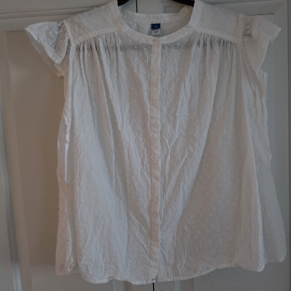 Old Navy White Swiss Dot Button-Front Ruffle Sleeve Blouse